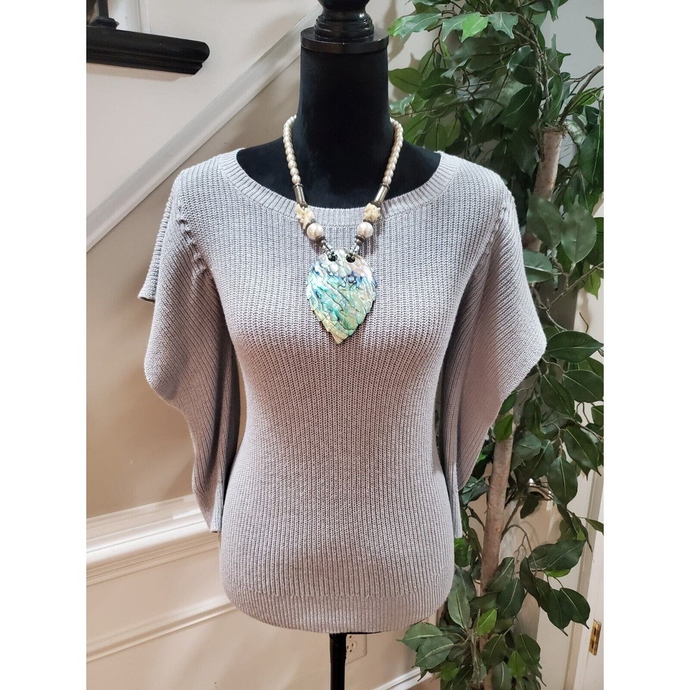 Loft Women's Gray Striped Cotton Round Neck Flutter Sleeve Casual Sweater SP